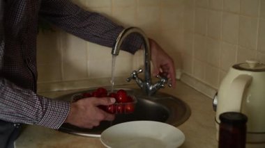 A close-up of a man's hand washing cherry tomatoes in a sink.
