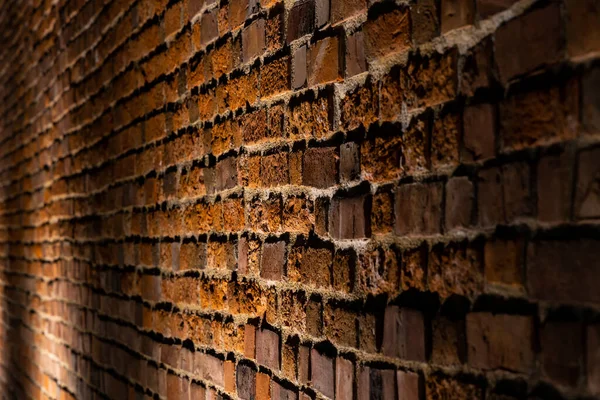A red brick wall illuminated at night. Surface texture emphasized by the angle of incidence of light