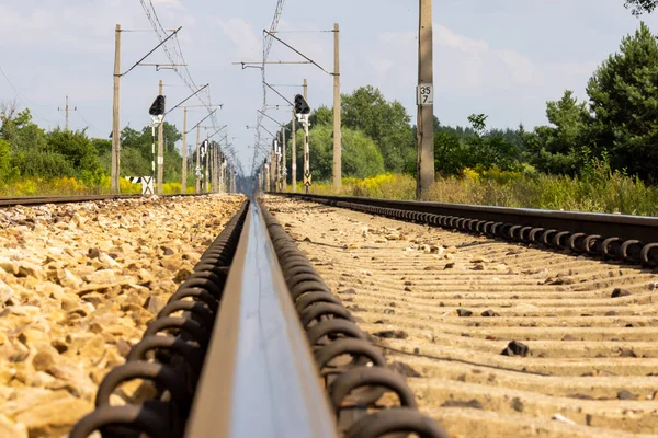 Railway track rails on a hot summer day. Super low angle perspective shot