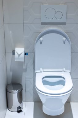 Beyaz bir tuvalette klozet. Tuvaletin yanındaki aksesuarlar.