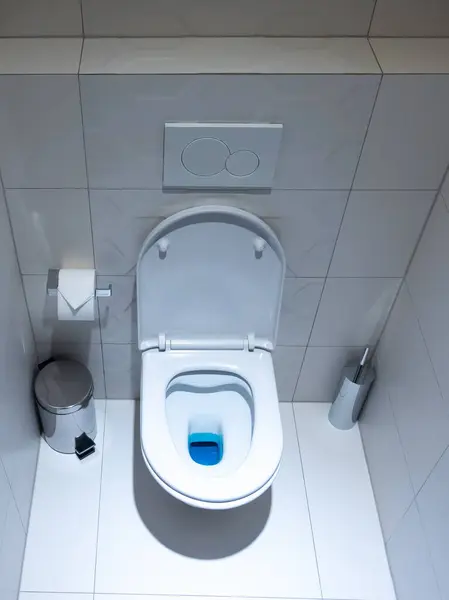View of the white toilet bowl in the toilet. Bathroom finished with white glaze tiles and white terracotta. Trash can and brush in the background