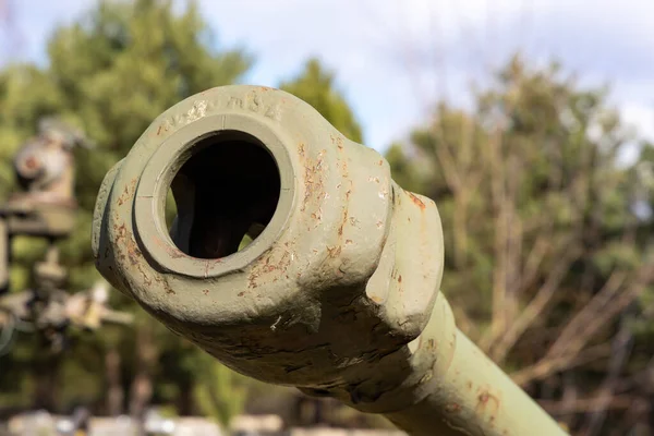 Cannon Barrel Muzzle Brake Outlet Construction Details Artillery Weapons — Stock Photo, Image
