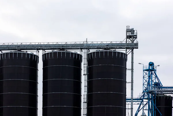 Huge Blackm Steel Grain Silo Standing Field Warehouses Full Grain — Stock Photo, Image