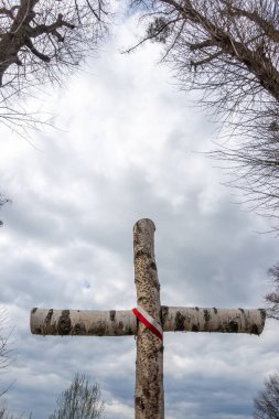 Polonya ulusal renklerinde bir amblemle huş ağacı mezarlığı haçı. Polonya savaşı sırasında ölen askerlerin anısına bir haç.