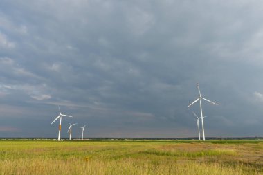 Uzak beyaz rüzgar türbinleri dramatik bulutlu bir gökyüzüne karşı. Ön plandaki çayır, öğleden sonra çekilmiş.
