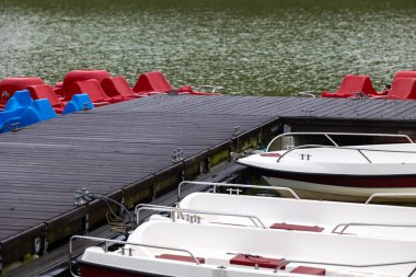 Ahşap iskelenin yanındaki gölete park etmiş kırmızı ve mavi pedallı. Su arıtma ekipmanları harekete hazır.