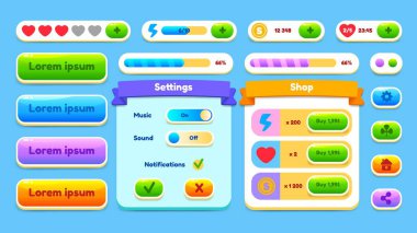 Oyun cep telefonu için GUI Kit günlük varlıkları, oyun arayüzü için bir takım elemanlar - vektör UI nesneleri. Kullanıcı arayüzü elemanları ve açılır pencereler. Vektör.