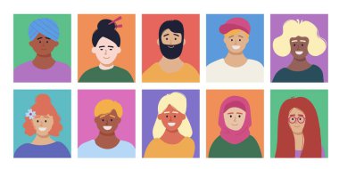 Bir grup mutlu insan avatarı, renkli karelerdeki karakterler. Farklı kültürlerden ve milletlerden erkekler ve kadınlar. Sosyal çeşitlilik. Düz vektör illüstrasyonu.