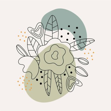 Kartpostal, üzerinde çiçekler, noktalar ve noktalar olan çizgi ikonu. Sevgililer Günü öğeleri ve düğün karalamaları. İzler, kartpostallar, boyama kitapları, baskılar için tasarım.