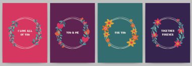 Sevgililer Günü 'nüz kutlu olsun. Davetiyeler, aşk ilanları. Çiçekli dikdörtgen şablonlar, daireler, metin için çerçeve. Parlak bir arkaplanda vektör illüstrasyonu.