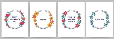 Sevgililer Günü 'nüz kutlu olsun. Davetiyeler, aşk ilanları. Çiçekli dikdörtgen şablonlar, daireler, metin için çerçeve. Kalpler, çiçekler, yapraklar.