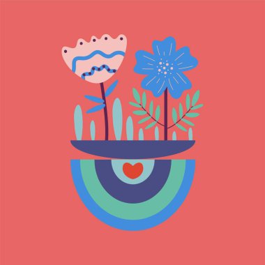 Postcard Happy Valentine's Day, invitations, declaration of love. Square template with flowers, rainbow, heart, in vibrant colors. Vector illustration.