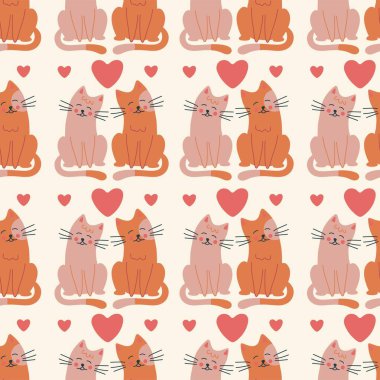 Seamless pattern. Vector design with cats and hearts suitable for Valentine's Day, for paper, cover, fabric, indoor decor and more. Illustration on a light background.