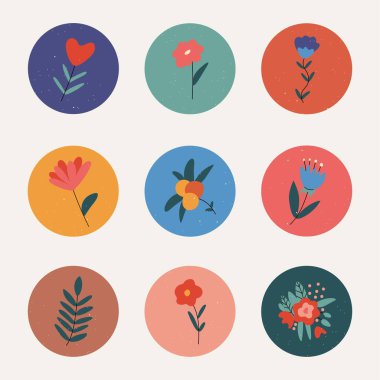 Set of colored icons for valentine's day. Hearts, leaves, bouquet, flowers, branches. Round icons on a light background.