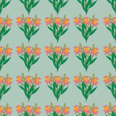 Vector seamless floral colorful pattern with bouquets on a green background