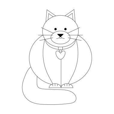 Fat cat, black line drawing, doodle isolated on white background.