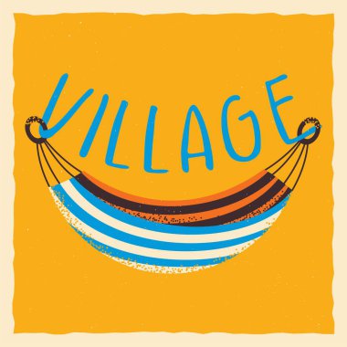 Hammock with the inscription village, with texture, lettering. Square template in grunge style. Vector illustration on a yellow background.
