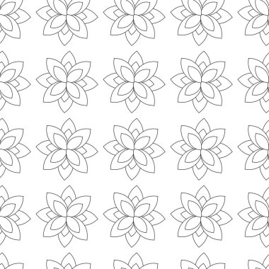 Pattern on the theme of plants in a line. Square template with flowers, ornament. Vector linear illustration in black and white colors.