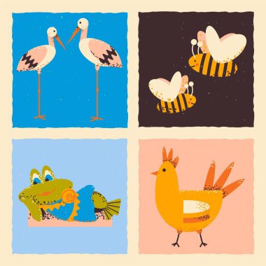 Vector illustration on the theme of animals. Square template with frog, bees, storks, bird chicken in grunge style on bright background.