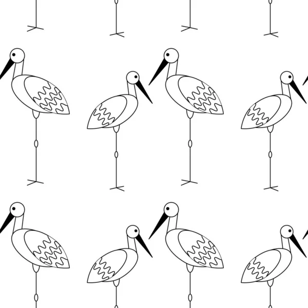 Pattern Theme Birds Square Pattern Storks Vector Linear Illustration Black — Wektor stockowy
