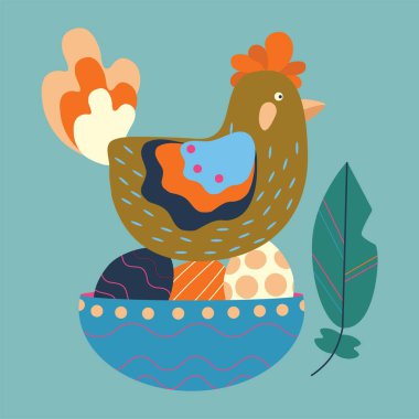 Bir tavuk süs ve tüylerle Paskalya yumurtalarının üzerine oturur. Mavi arkaplanda renk vektörü çizimi.