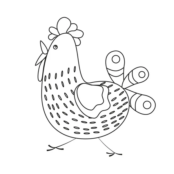 Pássaro Uma Galinha Engraçada Com Ornamento Cauda Arte Linha Ilustração — Vetor de Stock
