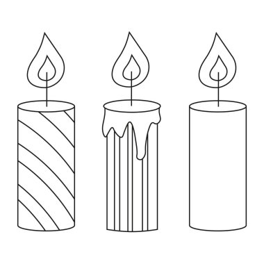 Balmumu ve ateş dolu bir mum seti. Çizgi çalışması. Beyaz arkaplanda vektör illüstrasyonu.
