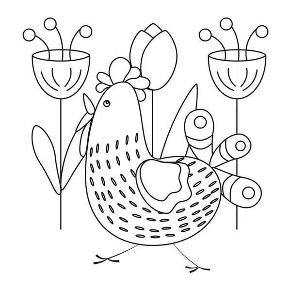 Uccello Divertente Pollo Sullo Sfondo Dei Fiori Linea Art Illustrazione — Vettoriale Stock