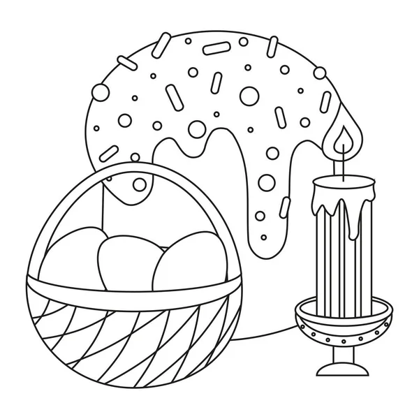 复活节纸杯蛋糕加甜洒水 烛台和篮子里有装饰品的鸡蛋 线条艺术 白色背景上的矢量说明 — 图库矢量图片