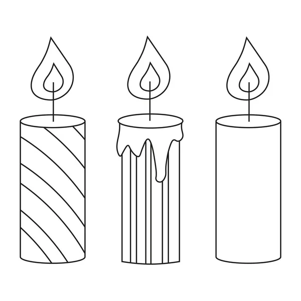 Set Candles Wax Fire Line Art Vector Illustration White Background — Stock Vector