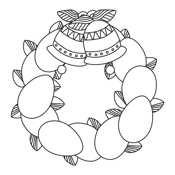 Пасхальный Венок Листьями Яйцами Колокольчиками Линейное Искусство Векторная Иллюстрация Белом — стоковый вектор