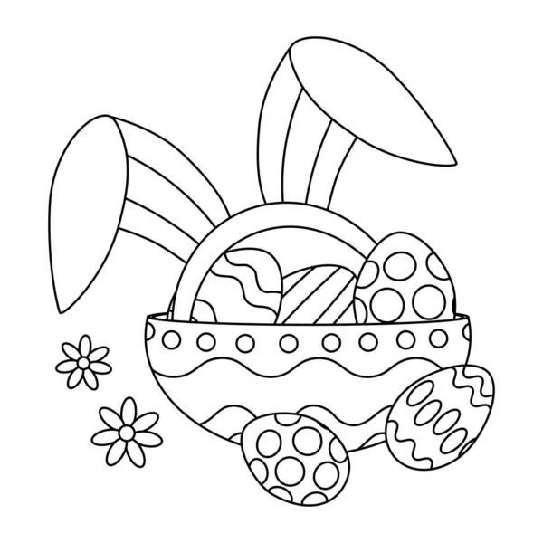 Velikonoční Vajíčka Ozdobami Talíři Králičíma Ušima Linkové Umění Vektorová Ilustrace — Stockový vektor