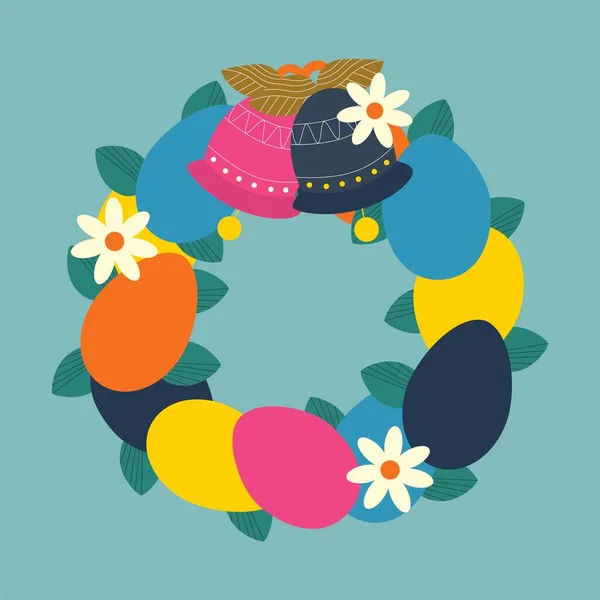Пасхальный Венок Листьями Яйцами Колокольчиками Цветовая Векторная Иллюстрация Синем Фоне — стоковый вектор