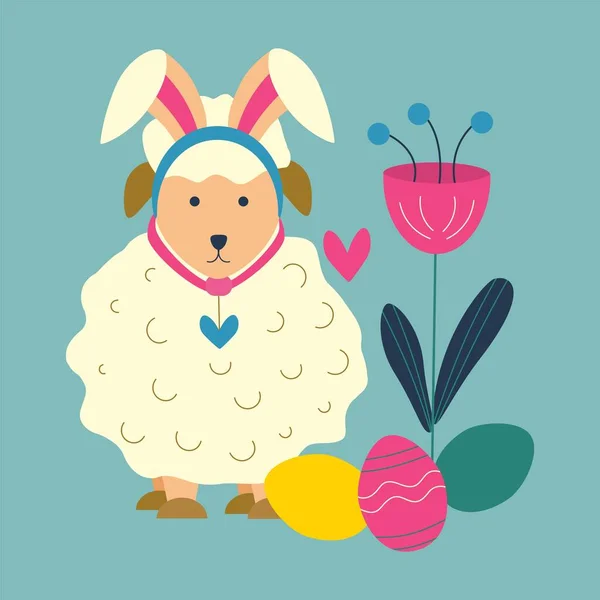 复活节彩蛋 一只长着兔子耳朵的羊 还有一朵花 蓝色背景上的彩色矢量图解 — 图库矢量图片