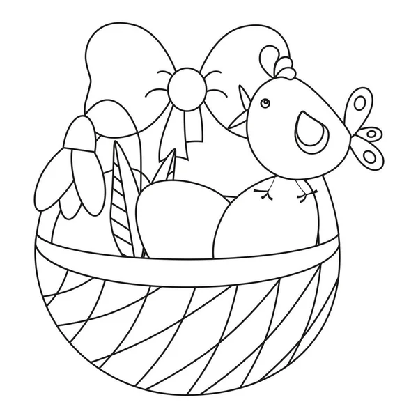 スノードロップの花と鳥 鶏とイースターバスケット 線画だ 白い背景のベクトルイラスト — ストックベクタ