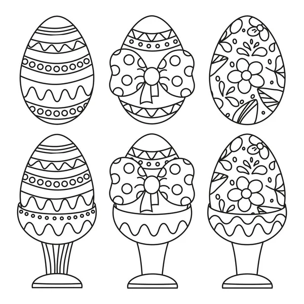 Set Easter Eggs Stand Patterns Ornaments Flowers Bow Line Art — Stock Vector