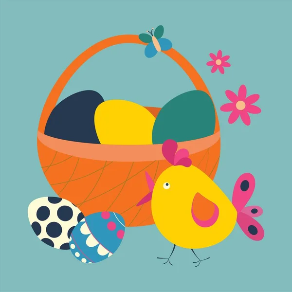 Cesta Pascua Con Huevos Mariposa Pájaro Pollo Ilustración Vectores Color — Vector de stock