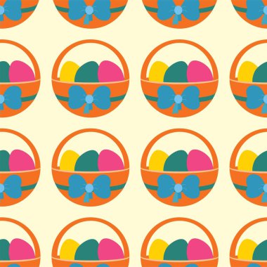 Renkli yumurta ve yaylı sepetli Paskalya deseni. Açık arkaplanda renk vektörü çizimi.