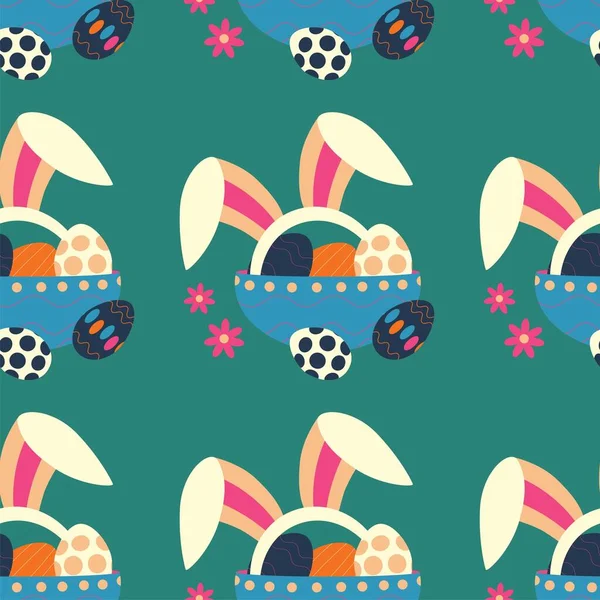 Wzór Wielkanocny Talerzem Jajkami Króliczymi Uszami Kwiatami Ilustracja Wektora Koloru — Wektor stockowy
