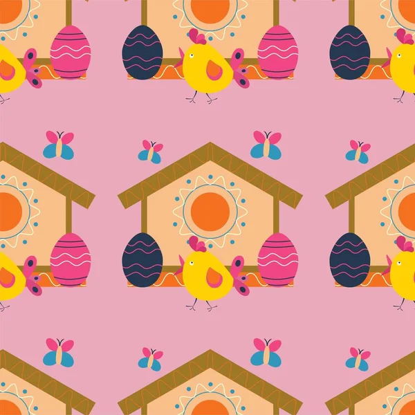 Easter Pattern Eggs Chicken Bird House Butterflies Color Vector Illustration — Stock Vector
