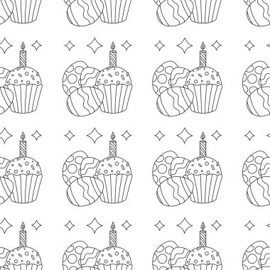 Süslü yumurtalı paskalya şablonu, kek, mum. Çizgi çalışması. Vektör illüstrasyonu.