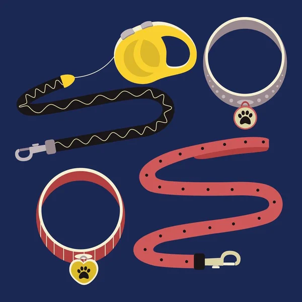 A set of elements for animals, cats, dogs, leashes, collars with medallions. Flat vector illustration.