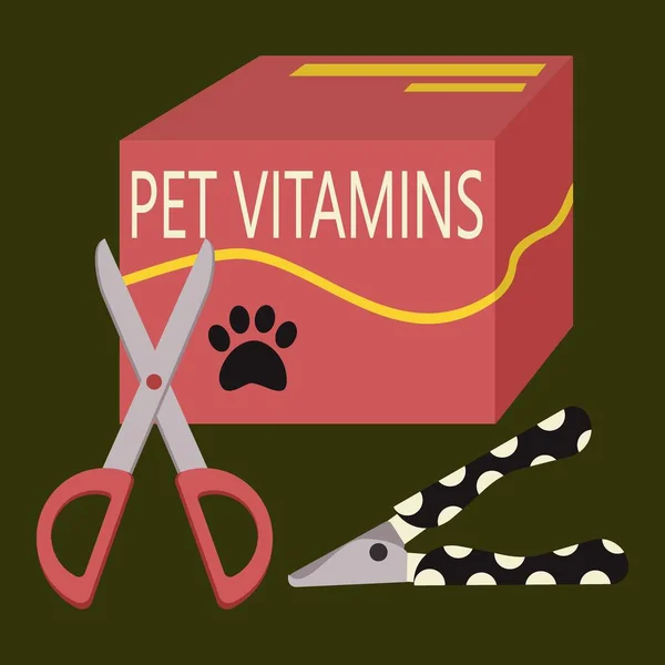 A set of elements for animals, cats, dogs, vitamins, scissors for wool, scissors for claws. Flat vector illustration.