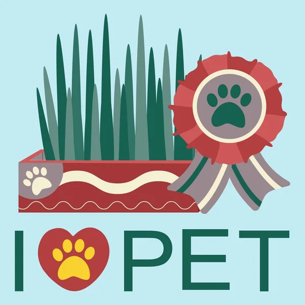Set of elements for animals, cats, dogs, grass for pets, text I love pet. Flat vector illustration.