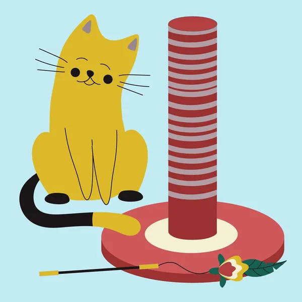 Set of elements for animals, cats, claw sharpener, toy ball on a stick, cute cat. Flat vector illustration.