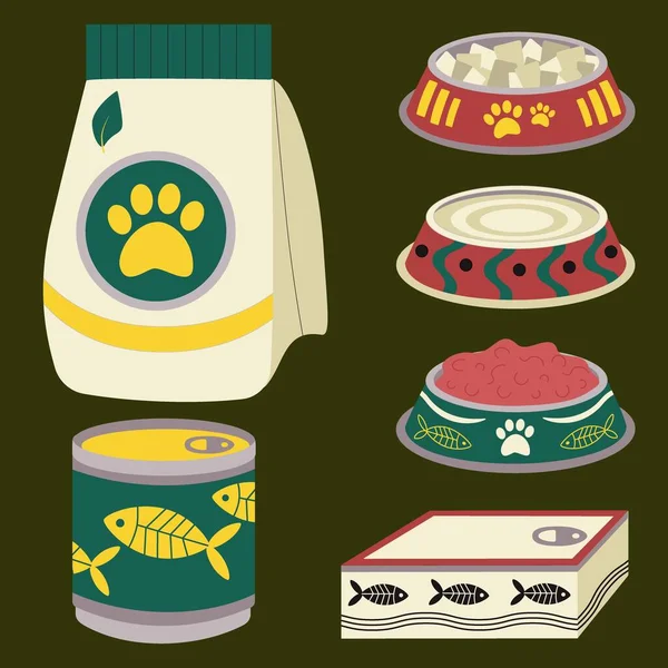 A set of elements for animals, cats, dogs, food, canned food, fish, a plate with feed. Flat vector illustration.