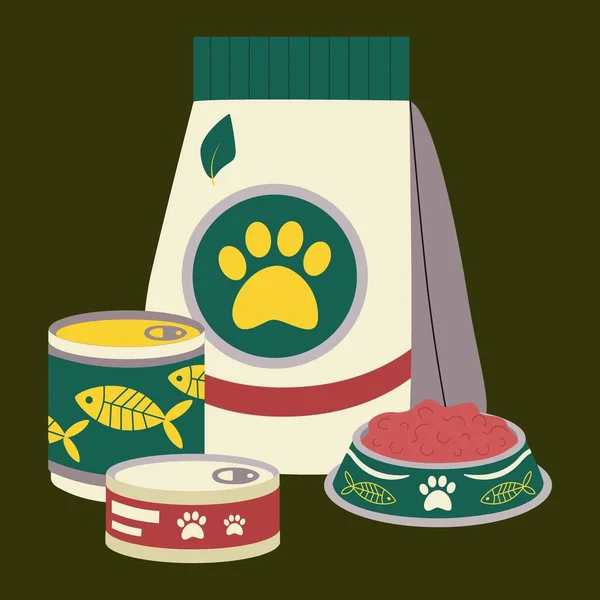 A set of elements for animals, cats, dogs, food, fodder, canned food, fish, a plate with fodder. Flat vector illustration.