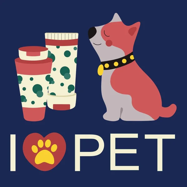 Set of elements for animals, cats, dogs, shampoos for pet care, I love pet text. Flat vector illustration.