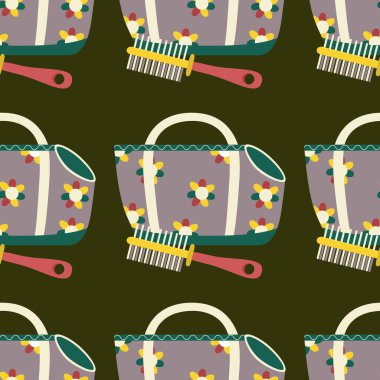 Taşıyıcı desenli, hayvanlar için çanta, kediler, köpekler, taraklı hayvan bakımı. Düz vektör illüstrasyonu.