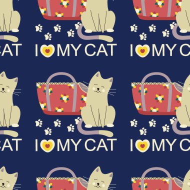 Taşıyıcı şablon, hayvanlar için çanta, kediler, köpekler, mesaj kedimi seviyorum, evcil hayvan bakımı. Düz vektör illüstrasyonu.